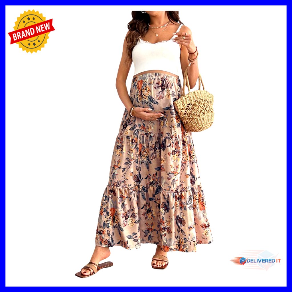 Maternity Maxi Skirt High Waist Elastic Flowy Ruffle Boho Long